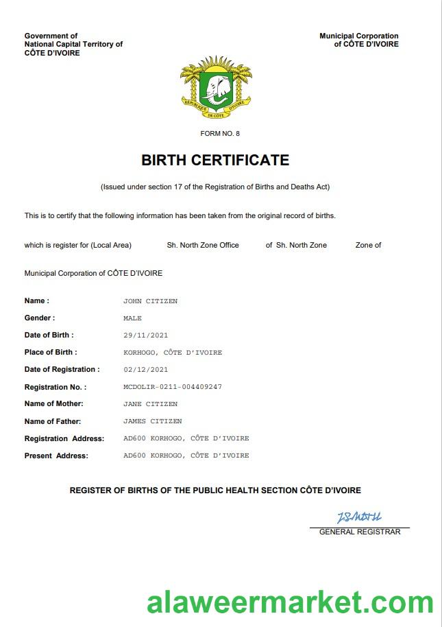 Cote d'Ivoire vital record birth certificate Word and PDF template